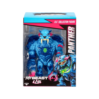 MrBeast Lab Panther collector figure in box, blue cat with fanged mouth