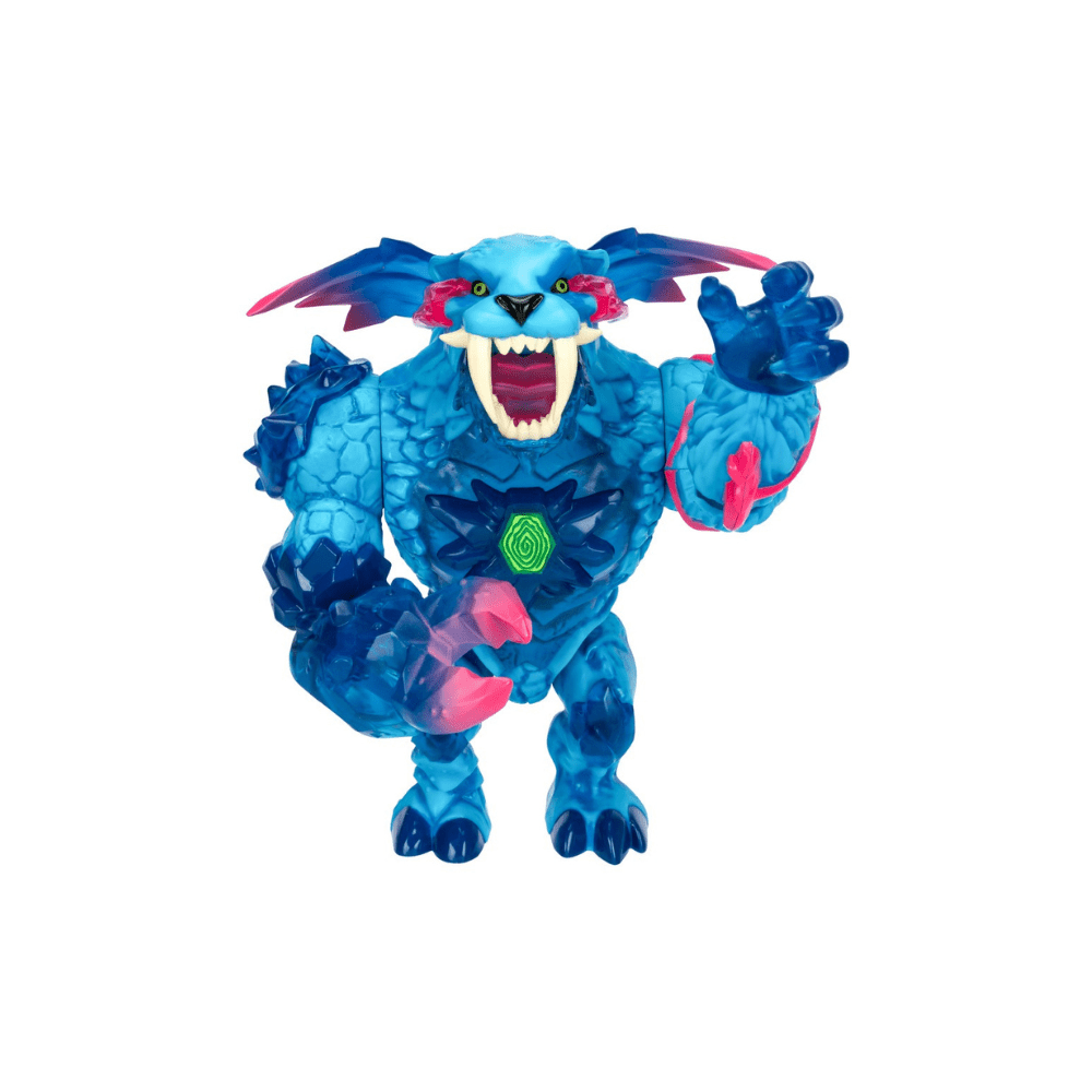 Blue panther figure, open jaws, green core emblem and pink accents