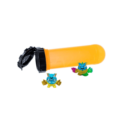 Orange tube launcher with black clasp and three small colorful swarm figures
