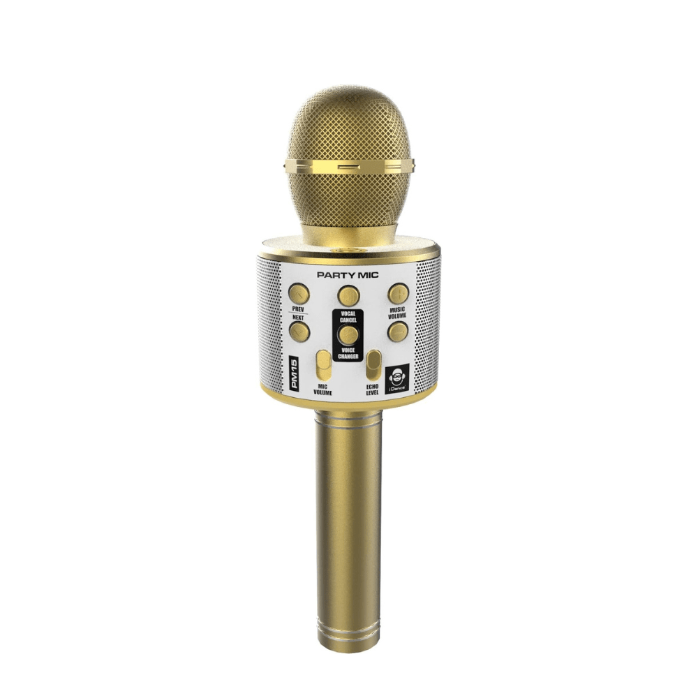 Gold karaoke phone toy microphone with grille head and control panel on handle