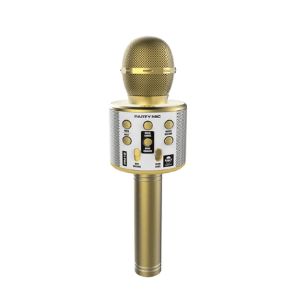 Gold karaoke phone toy microphone with grille head and control panel on handle