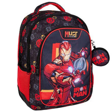 Iron Man graphic backpack in black and red with front zip pocket and side charm