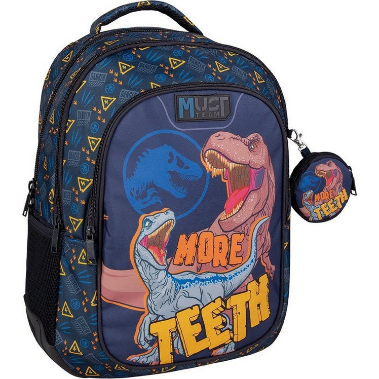 Blue dinosaur graphic school backpack with front zip and small dinosaur keychain pouch
