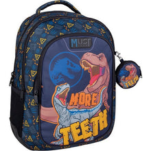 Blue dinosaur graphic school backpack with front zip and small dinosaur keychain pouch