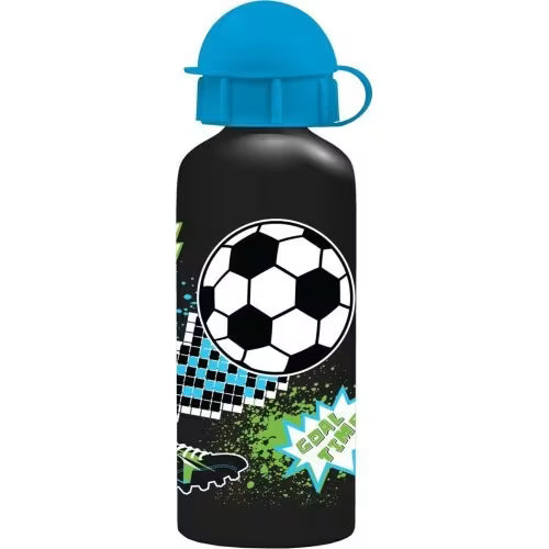 500ml aluminum water canteen with blue cap, black bottle with soccer ball graphic