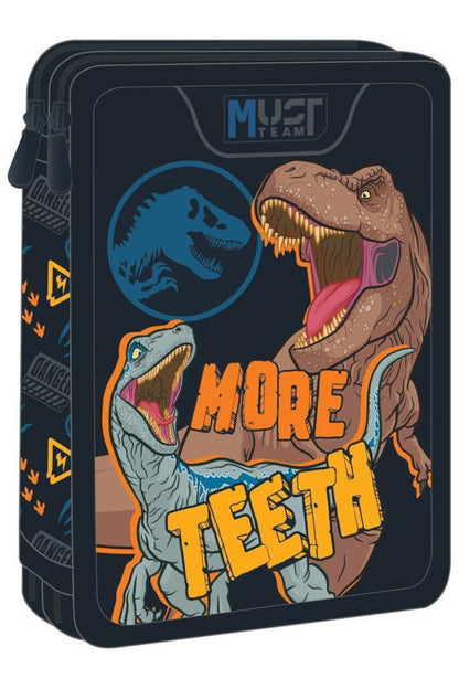 Double decker pencil case with dinosaur graphic, Must Team and 'More Teeth' text.
