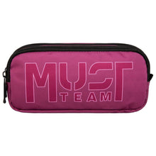 Pink barrel pencil case with bold 'MY' 'TEAM' graphic and black zipper