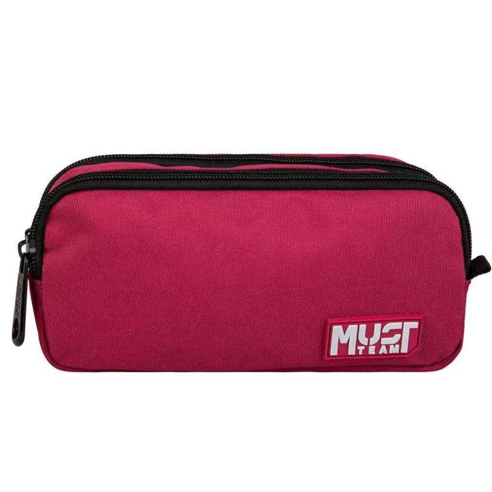 Burgundy barrel pencil case with zip and MUST TEAM patch