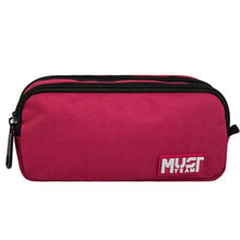 Burgundy barrel pencil case with zip and MUST TEAM patch