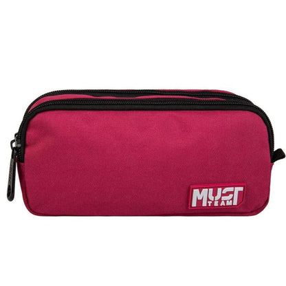 Magenta barrel pencil case with black zipper and Must Team logo patch