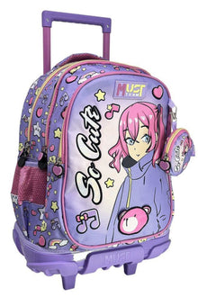 Purple character-themed wheeled school trolley bag with front graphic, handle and wheels