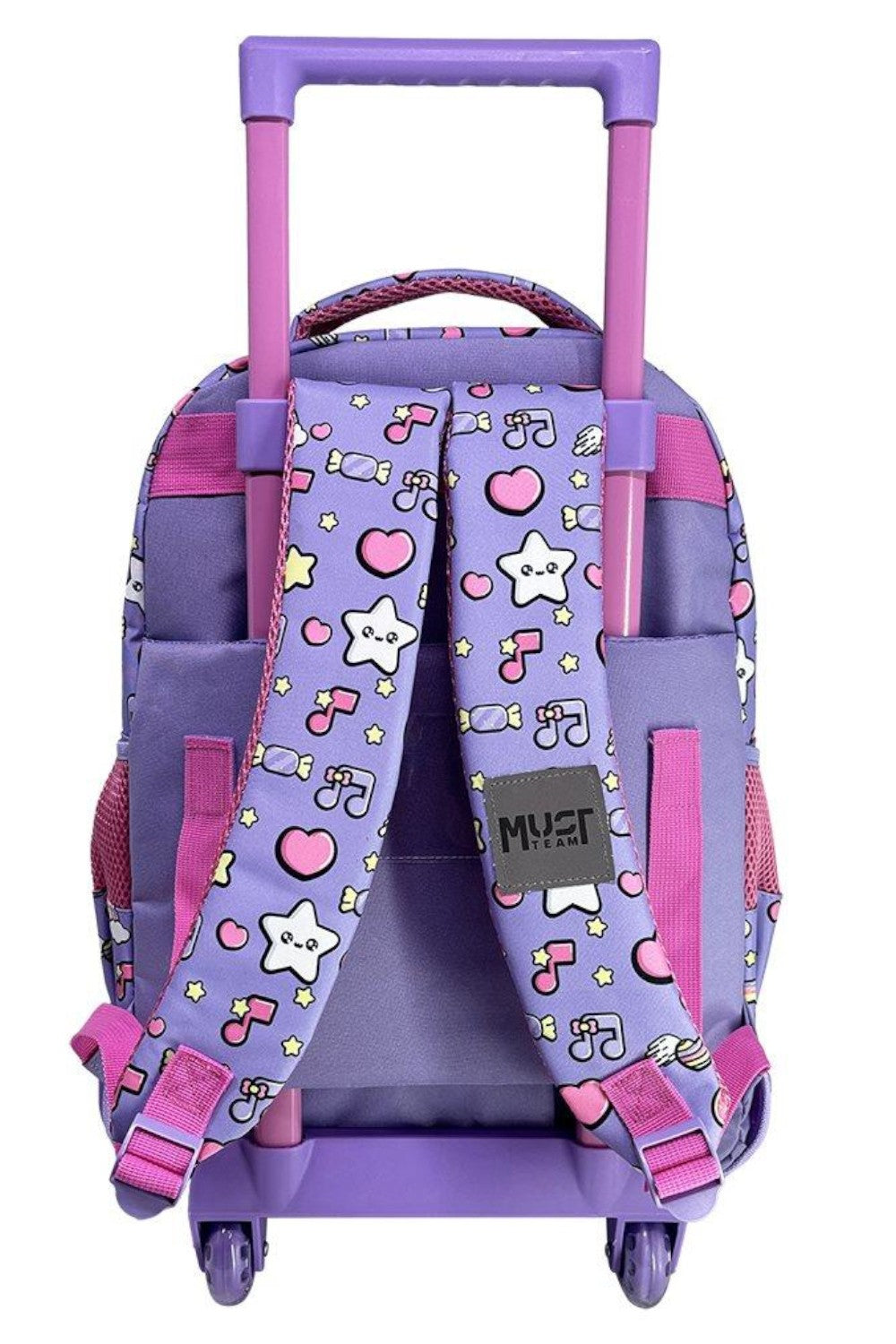 Purple wheeled school trolley bag with character print, front pockets and padded straps