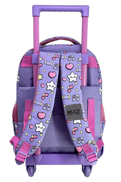 Purple wheeled school trolley bag with character print, front pockets and padded straps