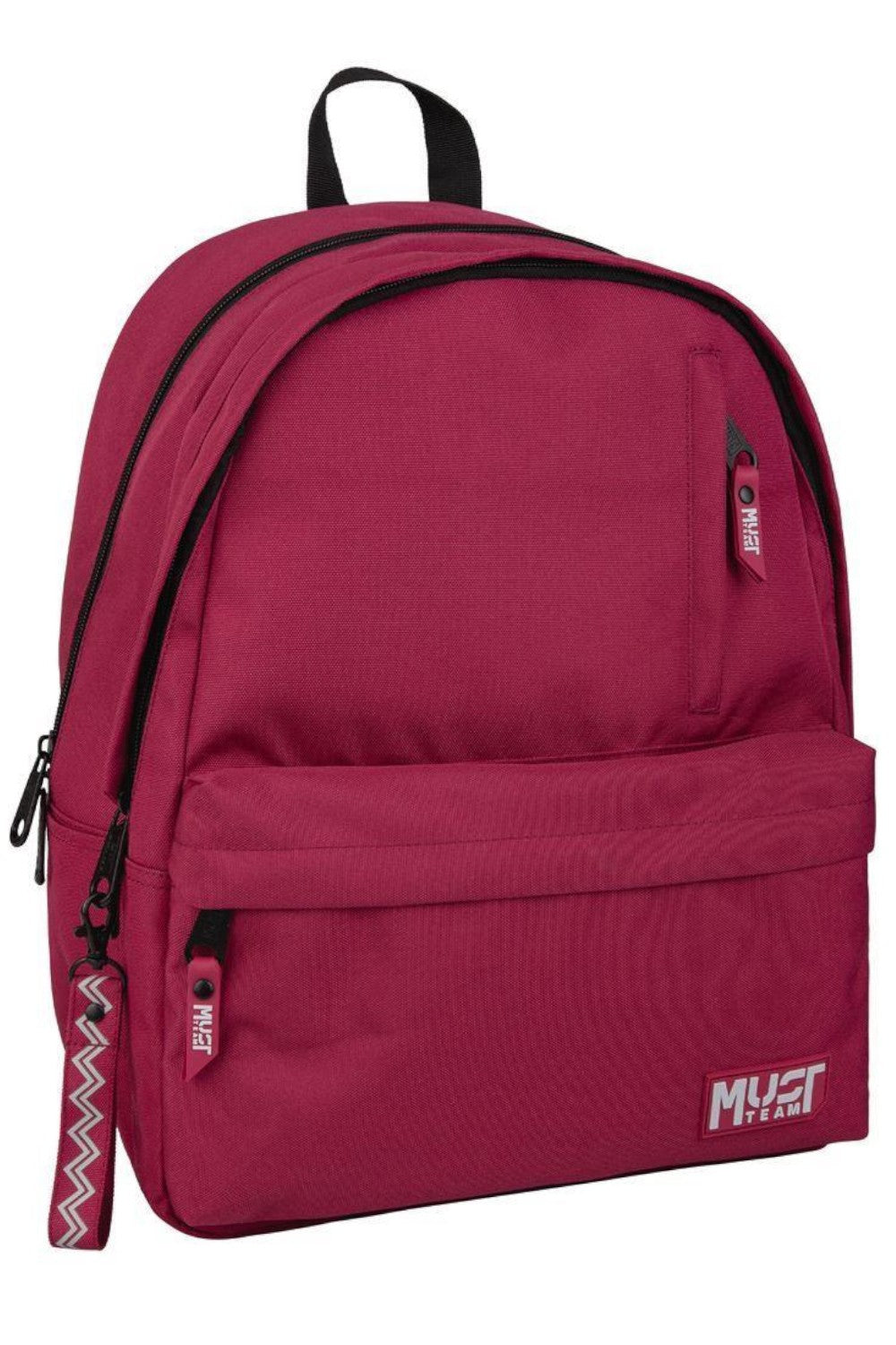 Monochrome burgundy and gray team backpack with front zipper pocket and top handle