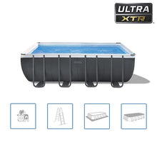 Rectangular above-ground pool with blue liner, dark gray frame, ladder brackets