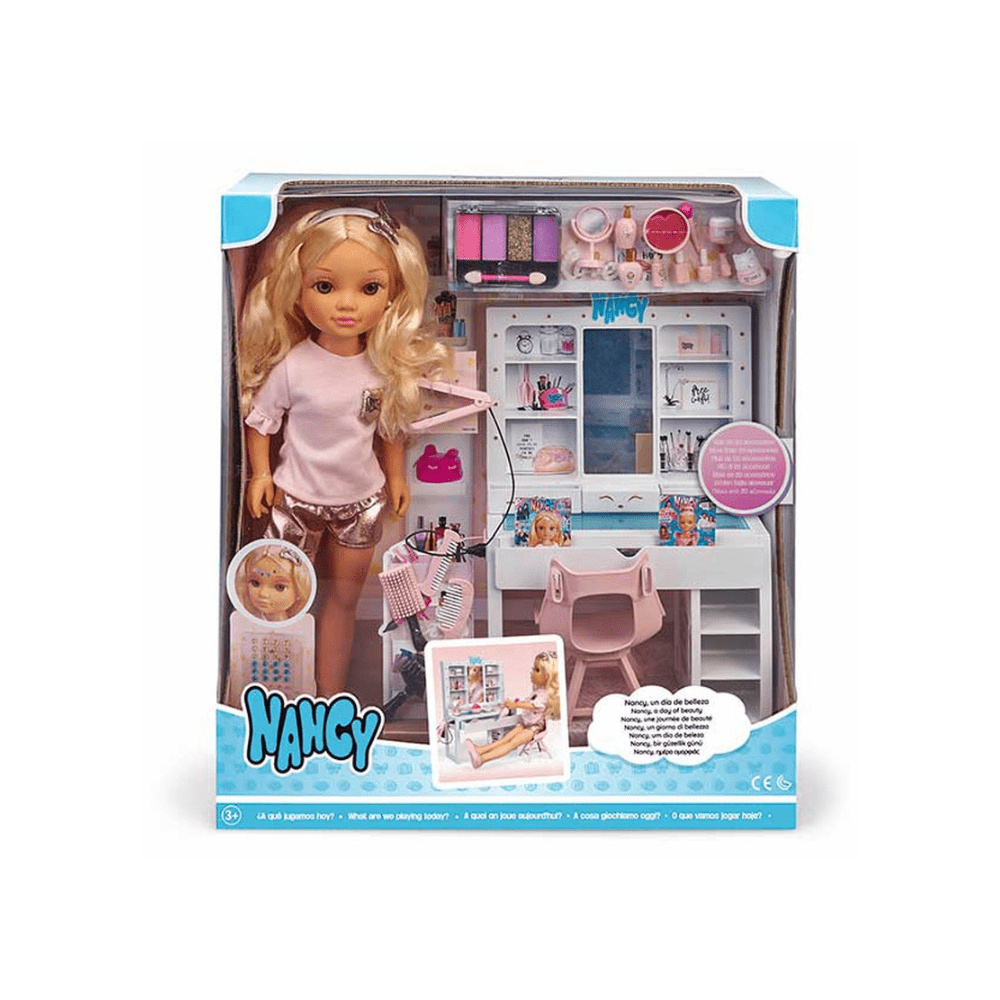 Beauty doll playset with blonde doll, vanity and assorted grooming accessories in box
