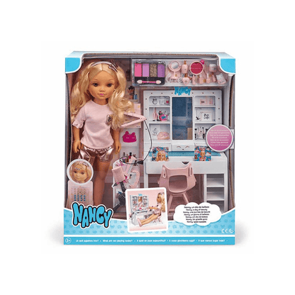 Beauty doll playset with blonde doll, vanity and assorted grooming accessories in box