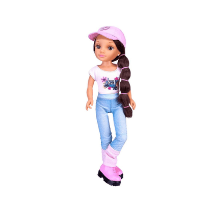 Fashion doll in pink cap with white flower shirt, blue jeans, and pink boots