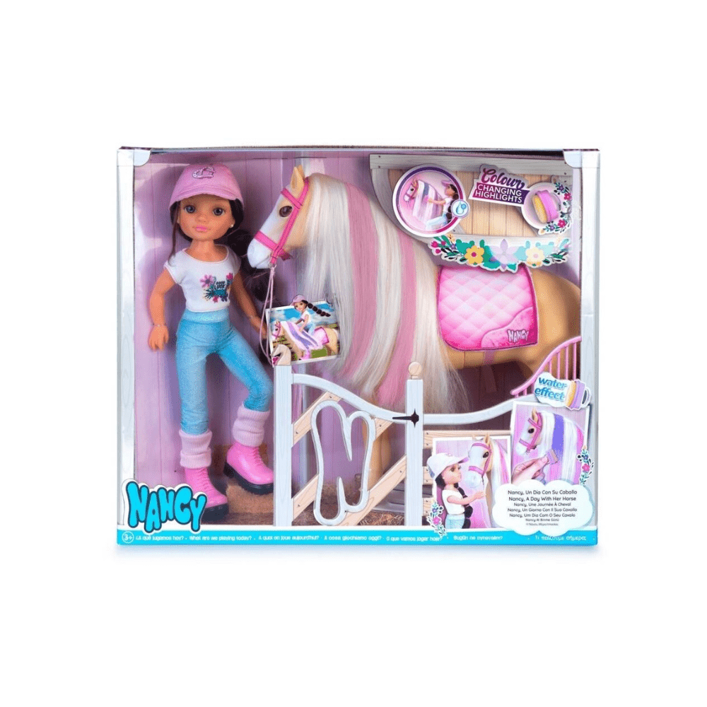 Nancy horse doll playset in box with pony, pink saddle, and accessories