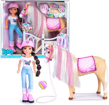 Doll and pony playset: pink saddle, long pastel mane, white flower top and blue jeans