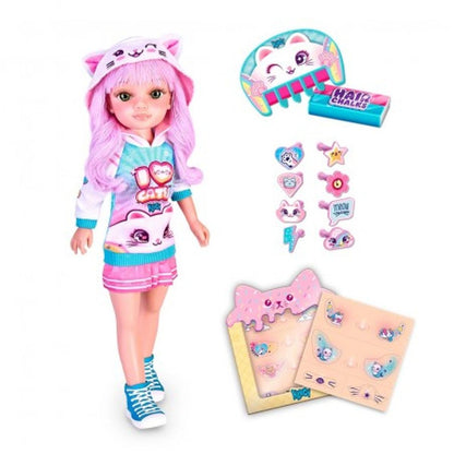 Anime style cat ear doll with pink hair, heart graphic top, blue skirt and shoes