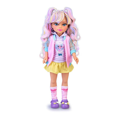 Charms-style fashion doll with long wavy hair, pink hoodie, striped top, yellow shorts