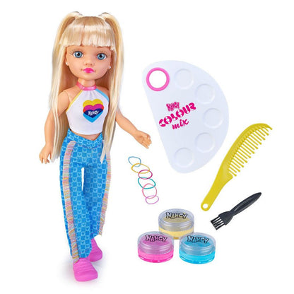 Color Mix Highlights Doll: blonde doll in blue outfit with rainbow top; palette and comb.