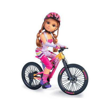 Mountain bike doll with helmet, striped outfit, and yellow/black bicycle
