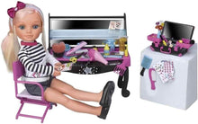 Dressing Room Restage play set with open vanity and accessories, doll seated in chair