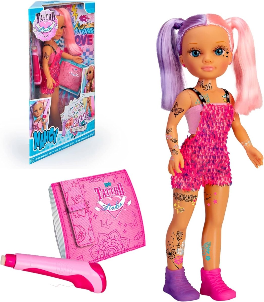 Tattoo doll set with doll, tattoo activity book, and pink marker; long purple and pink hair