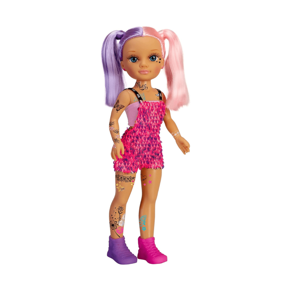 Tattoo doll with pink sequin mini dress, star face marks, colorful arm and leg tattoos