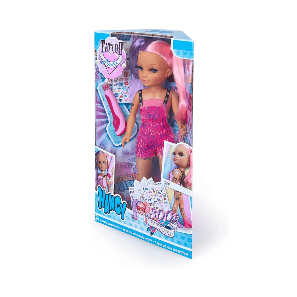 Tattoo doll set retail box; doll in pink sequin dress with pastel purple and pink hair