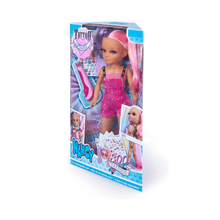 Tattoo doll set retail box; doll in pink sequin dress with pastel purple and pink hair