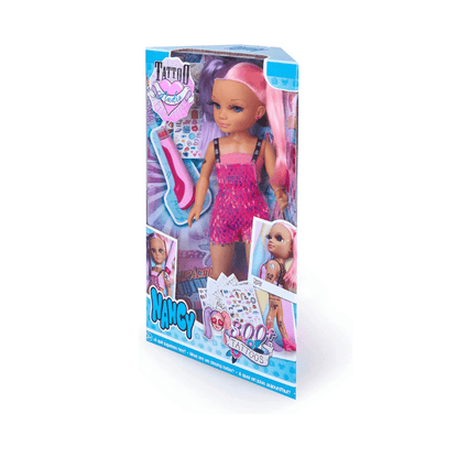 Tattoo doll set retail box; doll in pink sequin dress with pastel purple and pink hair