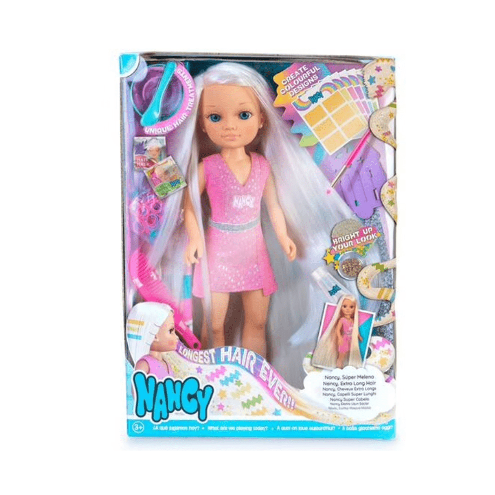 Extra-long hair doll in pink dress with long light hair, in retail box