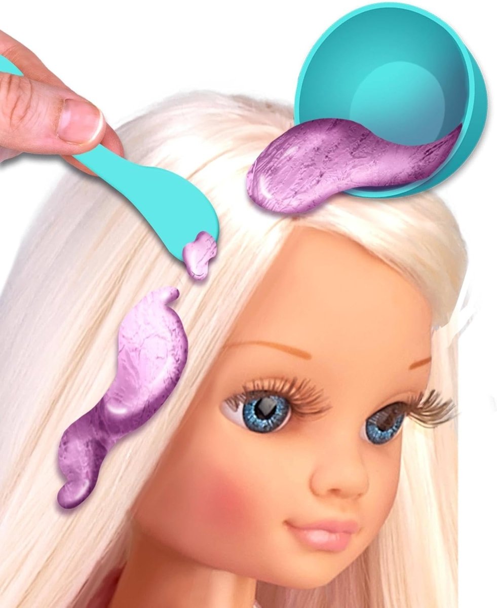 Extra-long hair doll face with long light hair, purple dye applied near top
