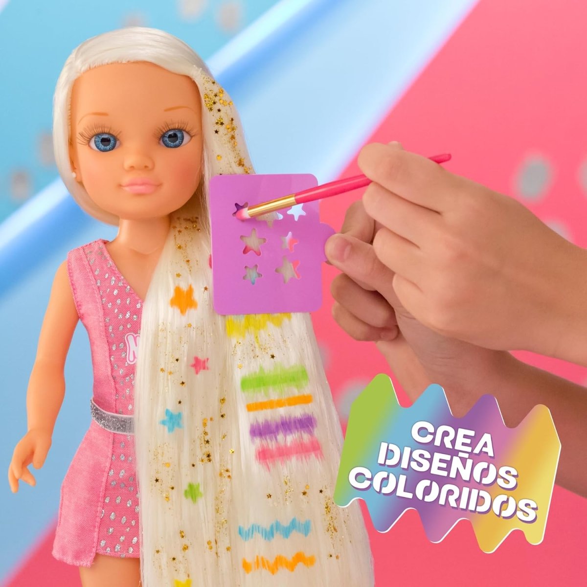 Extra-long hair doll with long light hair and pink dress, hair streaked with colors
