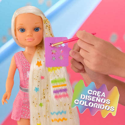 Extra-long hair doll with long light hair and pink dress, hair streaked with colors