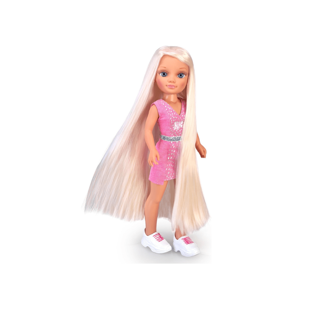 Extra-long hair doll in pink dress with extra-long light hair and white sneakers