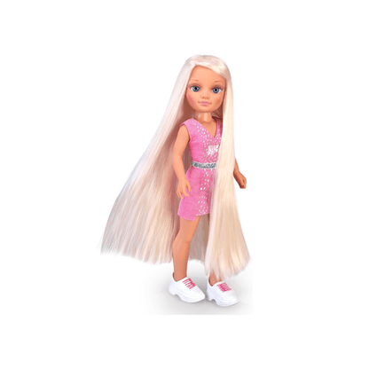 Extra-long hair doll in pink dress with extra-long light hair and white sneakers