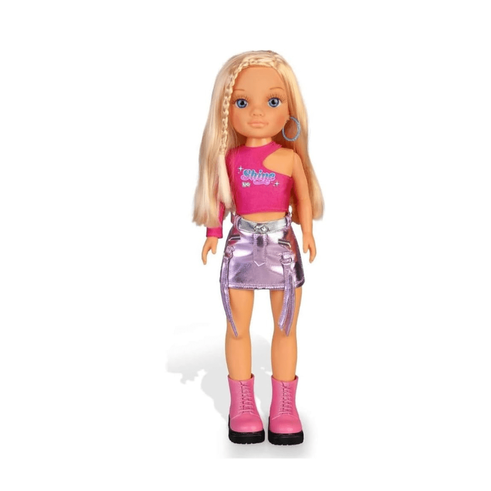 Blonde doll with blue eyes, pink top, metallic silver skirt, and pink boots