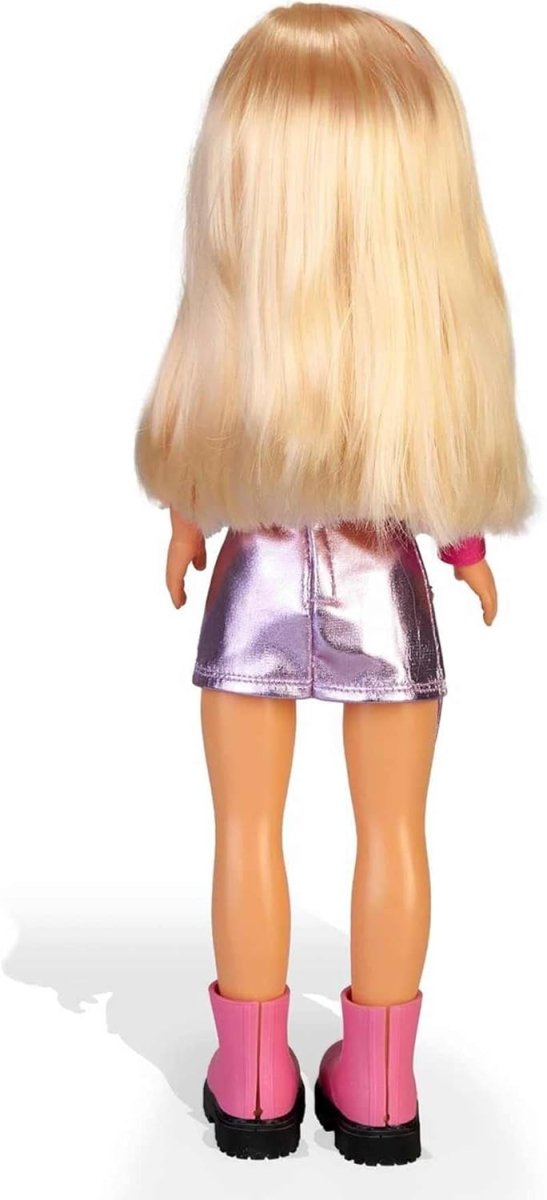 Back view blonde doll with straight hair, metallic silver skirt, and pink boots