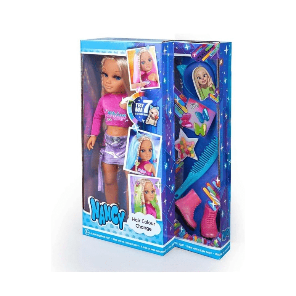 Hair color change kit box with doll, comb, and accessories illustration