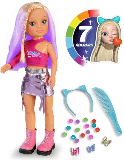 Doll playset with rainbow hair color accessories, including comb and hair pieces