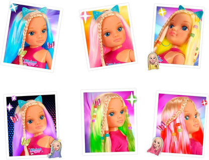 Set of doll photos showing different hair colors and hairstyles on card frames
