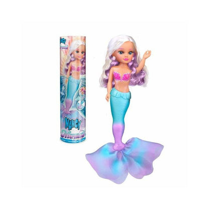 Magic Color Change Mermaid doll in pastel blue tail with purple hair, in box