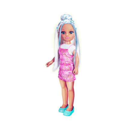 Fashion doll with long white hair streaked blue, wearing a pink sleeveless mini dress and blue shoes