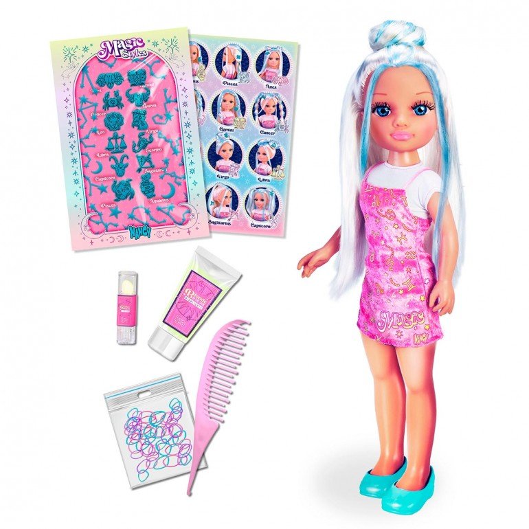 Fashion doll with long white-and-blue hair and pink sleeveless mini dress, with styling accessories
