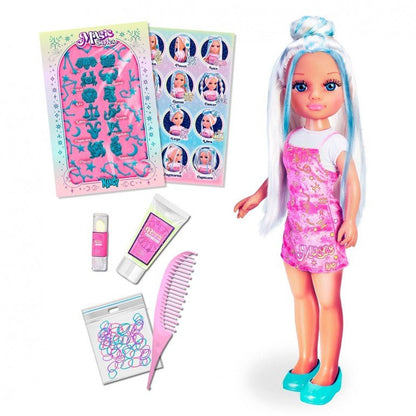 Fashion doll with long white-and-blue hair and pink sleeveless mini dress, with styling accessories