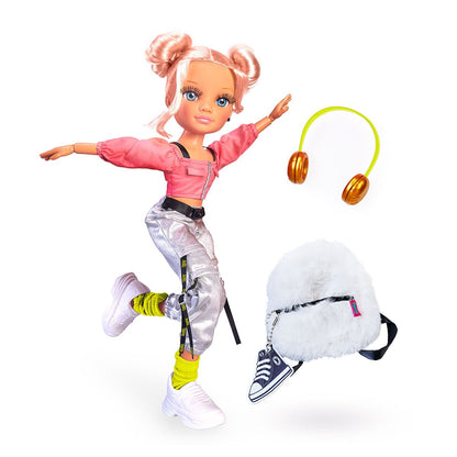 Nancy Dance doll in pink zip top, metallic silver pants, neon socks, white sneakers